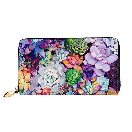 QQLADY Bunte Sukkulente Frauen Leder Geldbörse Lange Reißverschluss um Geldbörse Clutch Brieftasche für Damen Mädchen Handy Geldbörse, Schwarz , Einheitsgröße, Klassisch von QQLADY