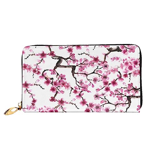 QQLADY Cherry Blossom Aquarell Damen Leder Geldbörse Lange Reißverschluss um Geldbörse Clutch Geldbörse für Damen Mädchen Handy Geldbörse, Schwarz , Einheitsgröße, Klassisch von QQLADY