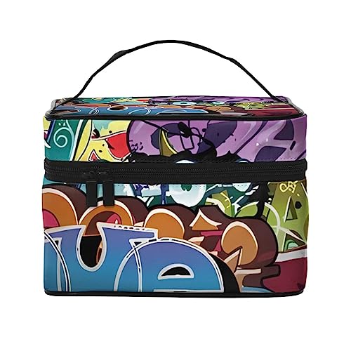 QQLADY Graffiti Hip Hop Make-up-Tasche, große Reise-Make-up-Tasche, Organizer, Kosmetiktaschen für Frauen, waschbare Make-up-Tasche, Make-up-Organizer, Kulturbeutel für Mädchen, Schwarz, von QQLADY