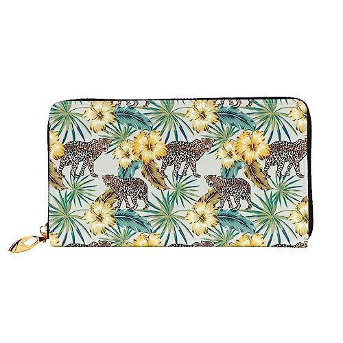 QQLADY Leopard und Palmblätter Damen Leder Geldbörse Lange Reißverschluss um Geldbörse Clutch Geldbörse für Damen Mädchen Handy Geldbörse, Schwarz , Einheitsgröße, Klassisch von QQLADY