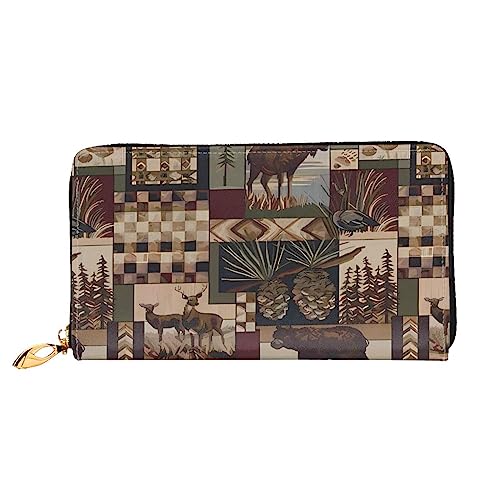 QQLADY Lodge Bear Deer Damen Leder Geldbörse Langer Reißverschluss um Geldbörse Clutch Geldbörse für Damen Mädchen Handy Geldbörse, Schwarz , Einheitsgröße, Klassisch von QQLADY