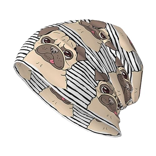 QQLADY Lustige Happy Pug Dog Beanie Mütze für Männer Frauen Strick Slouchy Beanie Skull Cap Warme Wintermütze Nacht Schlafmütze, Lustiger fröhlicher Mops-Hund, Einheitsgröße von QQLADY