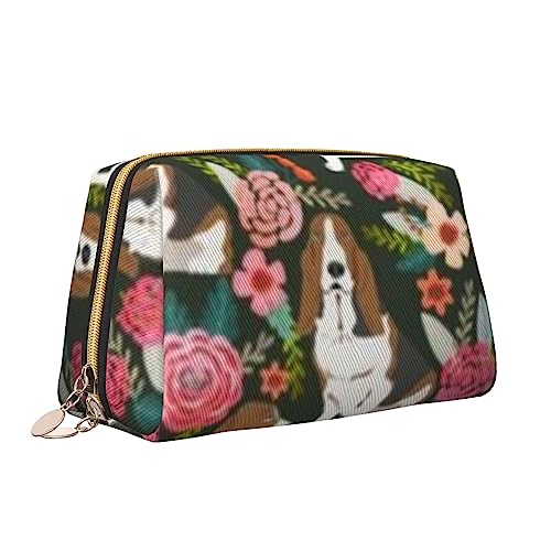 QQLADY Make-up-Tasche aus Leder mit Hund und Blume, große Kapazität, Reise-Kosmetiktaschen, Öffnung, Make-up-Tasche, tragbar, wasserdicht, Kulturbeutel für Frauen und Mädchen, Kosmetik-Organizer, von QQLADY