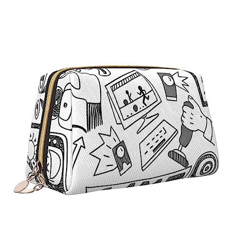 QQLADY Monochrome Sketch Style Gaming Leder Make-up Tasche Große Kapazität Reise Kosmetiktaschen Öffnung Make-up Tasche Tragbare Wasserdichte Kulturtasche für Frauen Mädchen Kosmetik Organizer, weiß, von QQLADY