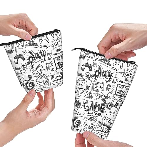 QQLADY Monochromes Federmäppchen im Skizzen-Stil, Stehendes Federmäppchen, Stifthalter, Pop-Up-Federmäppchen, Schreibwaren-Tasche, Stifteetui, Stiftehalter, Schreibwaren-Organizer für Büro, Damen, von QQLADY