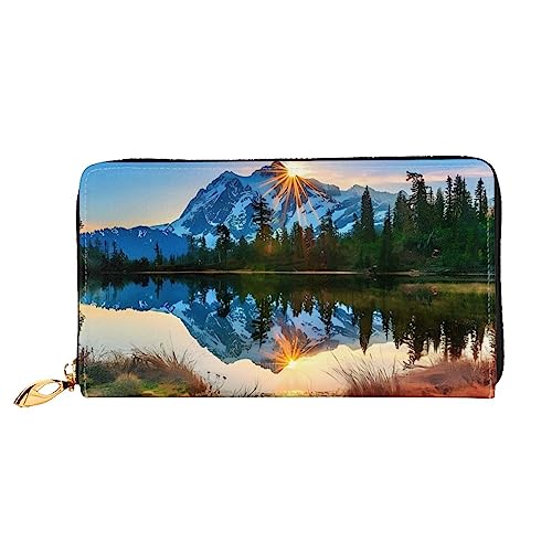 QQLADY Mountain Sunrise Damen Ledergeldbörse Langer Reißverschluss um Geldbörse Clutch Geldbörse für Damen Mädchen Handy Geldbörse, Schwarz , Einheitsgröße, Klassisch von QQLADY