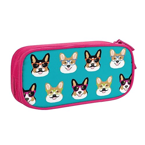 QQLADY Niedliche Corgi-Brille und Schnurrbärte, großes Federmäppchen, Federmäppchen mit Reißverschlussfächern, Stifttasche, ästhetisches Federmäppchen für Erwachsene, Federmäppchen, Stifteetui für von QQLADY