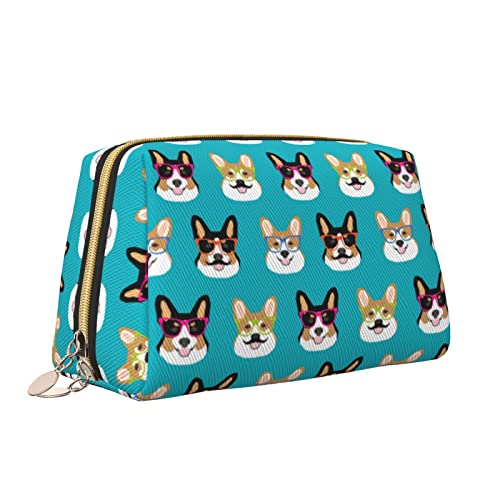 QQLADY Niedliche Corgi-Brille und Schnurrbärte Leder Make-up Tasche Große Kapazität Reise Kosmetiktaschen Öffnung Make-up Tasche Tragbare Wasserdichte Kulturtasche für Frauen Mädchen Kosmetik von QQLADY