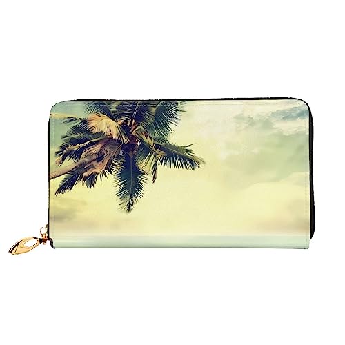 QQLADY Palm Tree Rocky Shore Damen Leder Geldbörse Langer Reißverschluss Um Geldbörse Clutch Geldbörse für Damen Mädchen Handy Geldbörse, Schwarz , Einheitsgröße, Klassisch von QQLADY