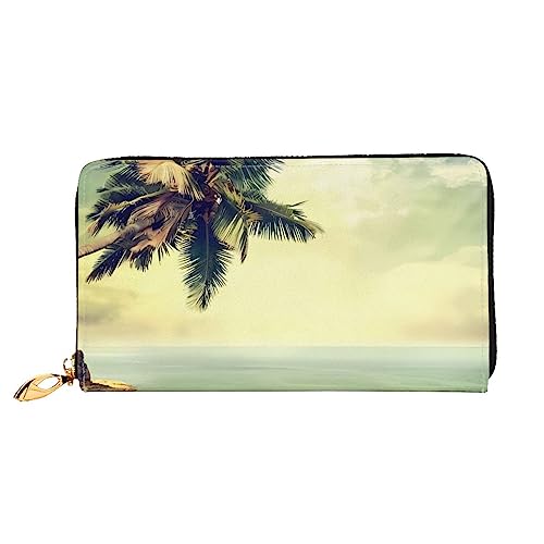 QQLADY Palm Tree Rocky Shore Damen-Ledergeldbörse, langer Reißverschluss, Clutch-Geldbörse für Damen und Mädchen, Handy-Geldbörse, Schwarz , Einheitsgröße, Klassisch von QQLADY