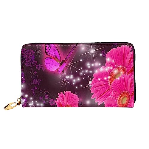 QQLADY Pinke Blume lila Schmetterling Damen Leder Geldbörse Lange Reißverschluss Um Geldbörse Clutch Geldbörse für Damen Mädchen Handy Geldbörse, Schwarz , Einheitsgröße, Klassisch von QQLADY