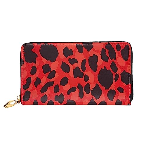 QQLADY Rotes Leopardenmuster Damen Leder Geldbörse Lange Reißverschluss Um Geldbörse Clutch Geldbörse für Damen Mädchen Handy Geldbörse, Schwarz , Einheitsgröße, Klassisch von QQLADY