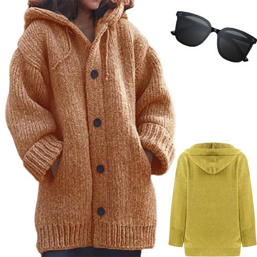 QQLADY Sdwingk Damen-Strickjacke mit Kapuze, vorne offen, Zopfmuster, Knopfleiste, einfarbig, grob, langer Pullover, Mäntel mit Tasche, leichte Strick-Kapuzenoberbekleidung 2023 Herbstmantel, 1 Stück, von QQLADY