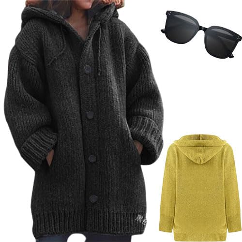 QQLADY Sdwingk Damen-Strickjacke mit Kapuze, vorne offen, Zopfmuster, Knopfleiste, einfarbig, grob, langer Pullover, Mäntel mit Tasche, leichte Strick-Kapuzenoberbekleidung 2023 Herbstmantel, 1 Stück von QQLADY