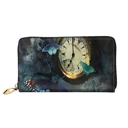 QQLADY Uhr Schmetterling Damen Leder Geldbörse Lange Reißverschluss um Geldbörse Clutch Geldbörse für Damen Mädchen Handy Geldbörse, Schwarz , Einheitsgröße, Klassisch von QQLADY