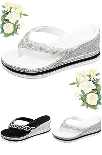 QQLADY Women'S Rhinestone Lightweight And Comfortable Non-Slip Wedge Sandals, Summer Casual Arch Support Rhinestone Beach Sandals (White,41) von QQLADY