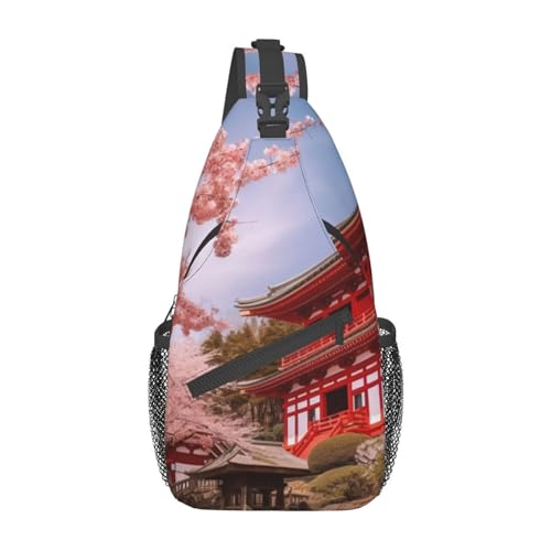 Red Architecture Cherry Blossoms Fanny Pack for Man Women Waist Bag Adjustable Belt Casual Chest Bag Bum Bags for Travel Sports Running Hiking Waist Packs, Schwarz , Einheitsgröße von QQLADY