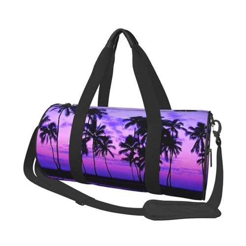 Reisetasche Palme lila Sonnenuntergang Sport Turnbeutel für Damen und Herren Schulter Sport Reise Duffle Weekender Workout Tasche für Übung, Yoga, Radfahren, Schwimmen, Camping, Schwarz , von QQLADY