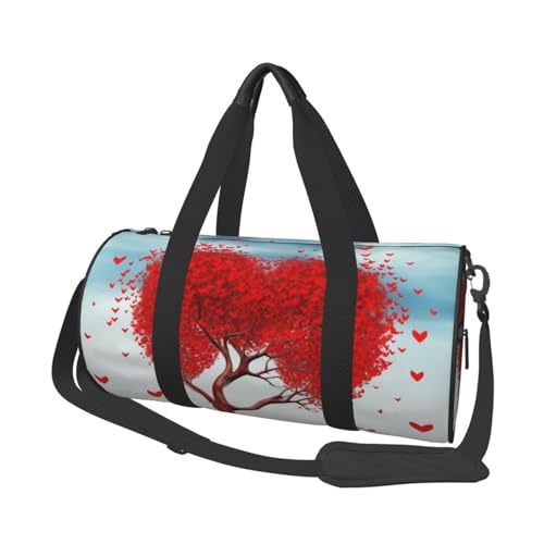 Reisetasche rot hart mit Baum Sport Turnbeutel für Damen und Herren Schulter Sport Reise Duffle Weekender Workout Tasche für Übung, Yoga, Radfahren, Schwimmen, Camping, Schwarz , Einheitsgröße von QQLADY