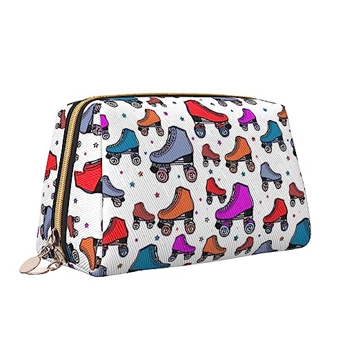 Retro Rollschuhe Bunte Leder Make-up Tasche Große Kapazität Reise Kosmetiktaschen Öffnung Make-up Tasche Tragbare Wasserdichte Kulturtasche für Frauen Mädchen Kosmetik Organizer, weiß, Einheitsgröße von QQLADY