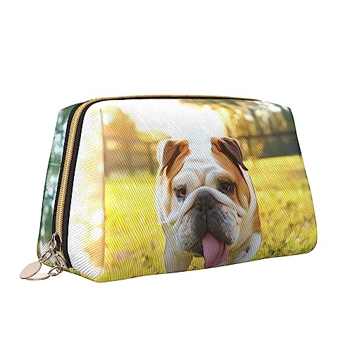 Süße Bulldogge Welpe Leder Make-up Tasche Große Kapazität Reise Kosmetiktaschen Öffnung Make-up Tasche Tragbare Wasserdichte Kulturtasche für Frauen Mädchen Kosmetik Organizer, weiß, Einheitsgröße von QQLADY