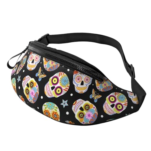 Sugar Skulls Butterfly Fanny Pack for Man Women Waist Bag Adjustable Belt Casual Chest Bag Bum Bags for Travel Sports Running Hiking Waist Packs, Schwarz , Einheitsgröße von QQLADY