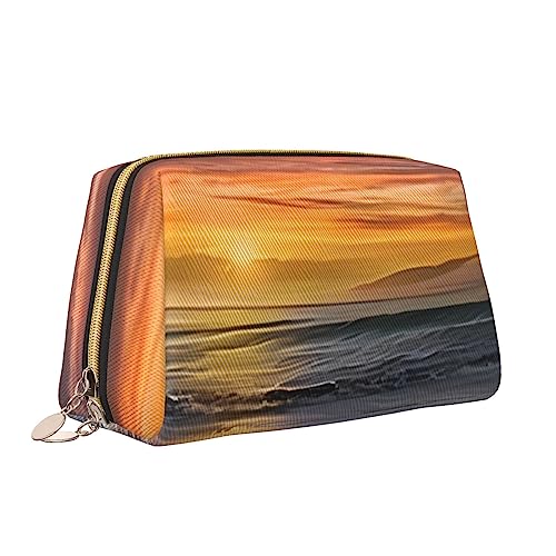 Sunset Beach Leder Make-up Tasche Große Kapazität Reise Kosmetiktaschen Öffnung Make-up Tasche Tragbare Wasserdichte Kulturtasche für Frauen Mädchen Kosmetik Organizer, weiß, Einheitsgröße von QQLADY