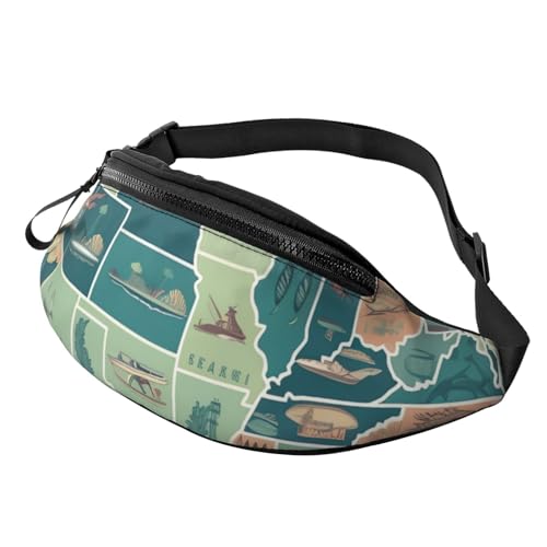 US Map Seashore Fanny Pack for Man Women Waist Bag Adjustable Belt Casual Chest Bag Bum Bags for Travel Sports Running Hiking Waist Packs, Schwarz , Einheitsgröße von QQLADY