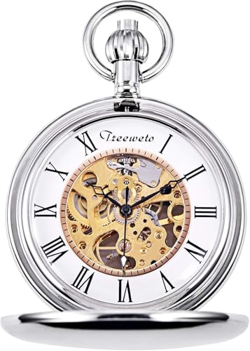 Taschenuhr, Silber/Gold, glattes Gehäuse, Skelett-Zifferblatt, mechanisches Uhrwerk mit Kette + Geschenkbox von QQPQQP