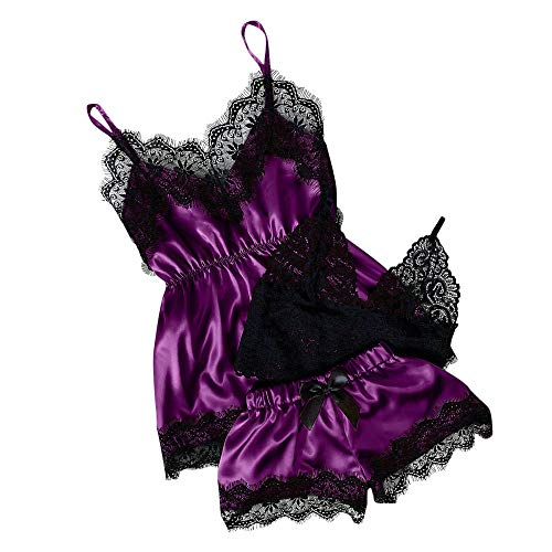 QQQQC Damen Spitze Dessous Set Reizwäsche Rückenfrei NachtwäschePyjamas Frauen Pyjamas Einfarbig V-Ausschnitt Sexy Nachtwäsche Fleck Unterhemd Bowknot Shorts Pyjama Set-B_M von QQQQC