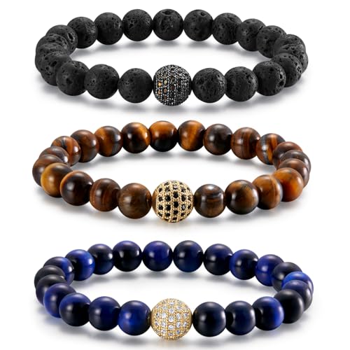 QQUQQU 3-4 Stücke Perlenarmband Herren, 8mm Stretch-Armbänder Tigerauge Armband Herren, Verstellbares Schwarzes Lavastein Armband Set Geburtstagsgeschenk für Männer QQUQQU 3-4 Stücke Perlenarmband Herren, 8mm Stretch-Armbänder Tigerauge Armband Herren, Verstellbares Schwarzes Lavastein Armband Set Geburtstagsgeschenk für Männer von QQUQQU