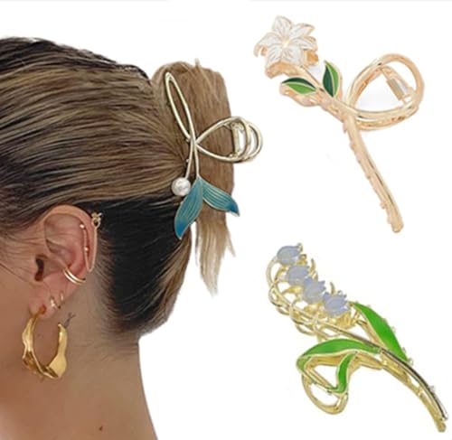 QQY Große Haarspangen, 3-Pack Blume Haar Kralle Clips Rutschfeste Blume Metall Kralle Clips Starke Halt Kralle Clip für Damen Accessoires (2) von QQY