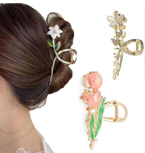 QQY Große Haarspangen, 3-Pack Blume Haar Kralle Clips Rutschfeste Blume Metall Kralle Clips Starke Halt Kralle Clip für Damen Accessoires (3) von QQY