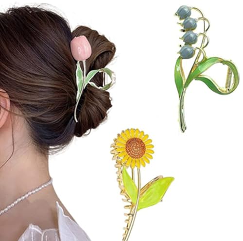 QQY Große Haarspangen, 3-Pack Blume Haar Kralle Clips Rutschfeste Blume Metall Kralle Clips Starke Halt Kralle Clip für Damen Accessoires (8) von QQY