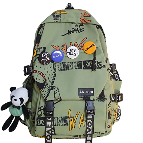 QQYG Herren Graffiti Muster Rucksack Damen Reiserucksack Harajuku Schultasche Jungen Schultasche Schüler Schultasche,Grün,31 * 12 * 45CM von QQYG