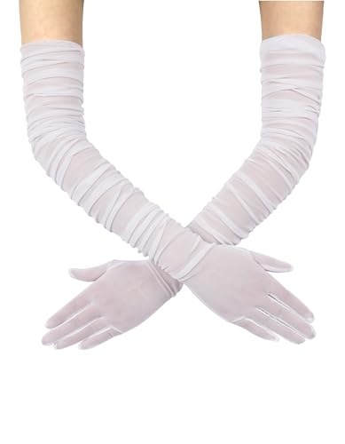 YCShun Damen Stretchy Super Long Tüll Handschuhe Ruched Opera Mush Semi Sheer Handschuhe für Abend Party, Weiß, Einheitsgröße von QRBTSCL