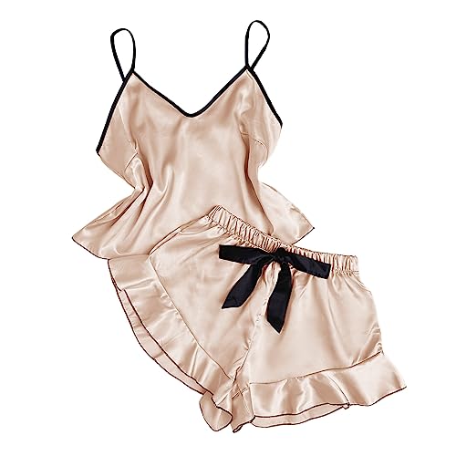 QREXVOG 2pcs Womens Pyjama Sets Tank und Shorts Pyjama Set Satin Loungewear Nachtwäsche Gekräuseltes von QREXVOG