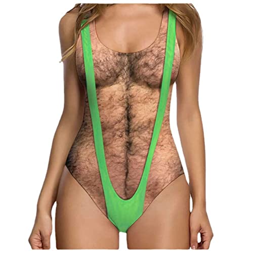 QREXVOG Badeanzug für Damen, einteiliger Badeanzug mit behaarter Brust, lustiger, schmeichelhafter Strand-Badeanzug (Farbe 17,XL) von QREXVOG