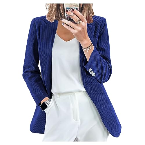 QREXVOG Damen Blazer Cord -Strickjacke Schlanke Feste Farbe Casual Professional Anzugjacke mit Tasche von QREXVOG