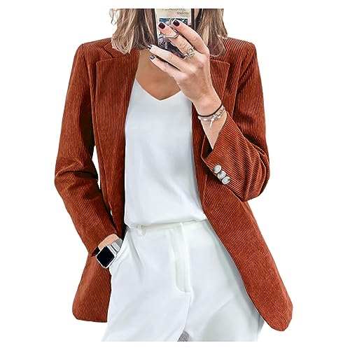 QREXVOG Damen Blazer Cord -Strickjacke Schlanke Feste Farbe Casual Professional Anzugjacke mit Tasche von QREXVOG