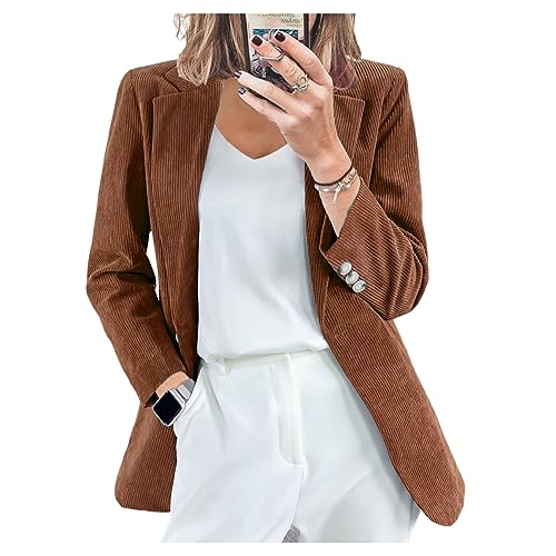 QREXVOG Damen Blazer Cord -Strickjacke Schlanke Feste Farbe Casual Professional Anzugjacke mit Tasche von QREXVOG