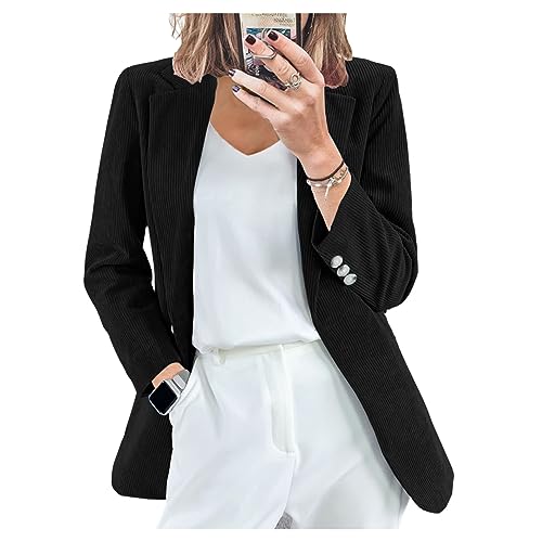 QREXVOG Damen Blazer Cord -Strickjacke Schlanke Feste Farbe Casual Professional Anzugjacke mit Tasche von QREXVOG