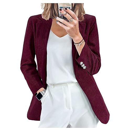 QREXVOG Damen Blazer Cord -Strickjacke Schlanke Feste Farbe Casual Professional Anzugjacke mit Tasche von QREXVOG