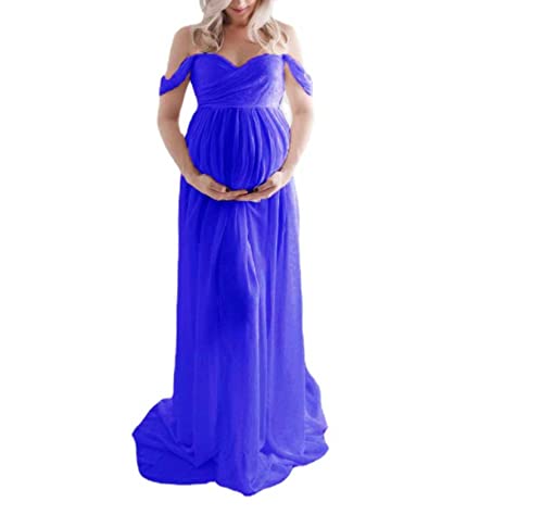 QREXVOG Damen Off-Shoulder Tüll Umstandskleid Schwangerschaft Maxikleid Schlitz für Fotoshooting (Blau,L,L) von QREXVOG