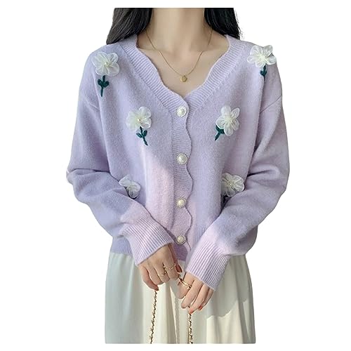 QREXVOG Damen -Strickjacken Bestickte Blumen Pullover Mantel Herbst Winter Gestrickt Strickjacke Klobig von QREXVOG