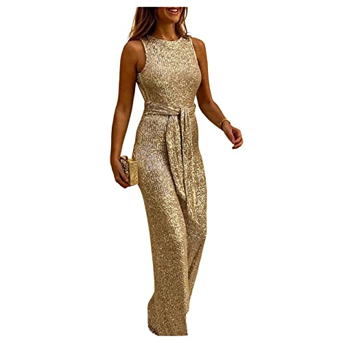 QREXVOG Damen -overalls -anlagen Crewneck Ärmellose Pailletten -jumpsuit mit Gürtel Weit Beinem Formellen von QREXVOG