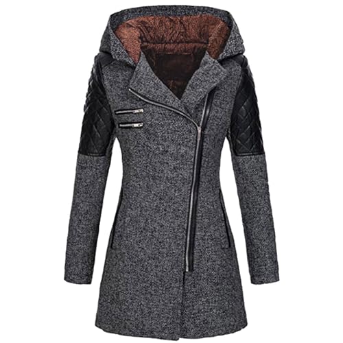 QREXVOG Damenwolle Erbsenmäntel Diagonale Reißverschluss Kapuze mit Kapuzed Verdickter Warmer Wollmantel von QREXVOG