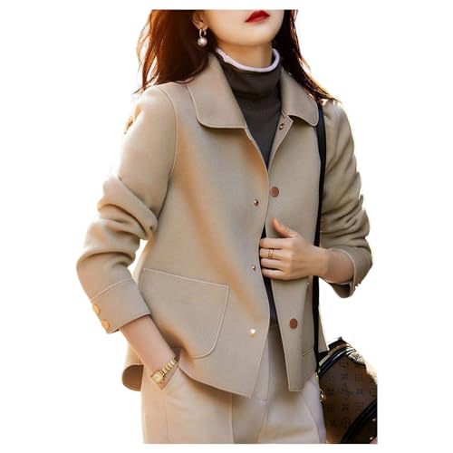 QREXVOG Damenwolle Erbsenmäntel Doppelseitiger Revers Short Copfel Losen Top Winter Wollmantel von QREXVOG