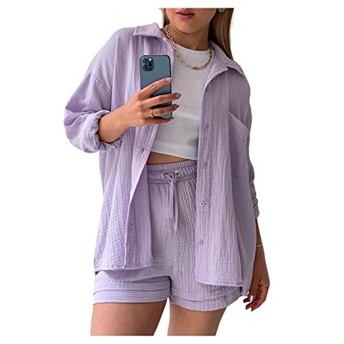 QREXVOG Frauen Frühling Crepe Revers Langarm Hemd High Taille Drawess Großer Casual Anzug von QREXVOG