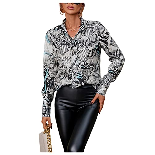 QREXVOG Frauen Gedruckte Krawatte EIN-brüst-Langarm-Hemd-Hemd-schlangenbluse-Bluse-Tops-Hemd von QREXVOG